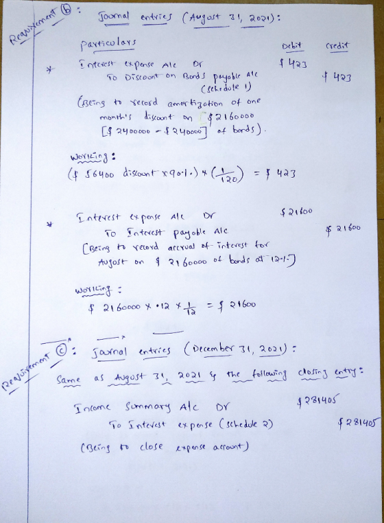 a Journal entries (August 31, 2001): Requirement particolors Debit credit $423 423 Interest expense ale or To Discount on Bon