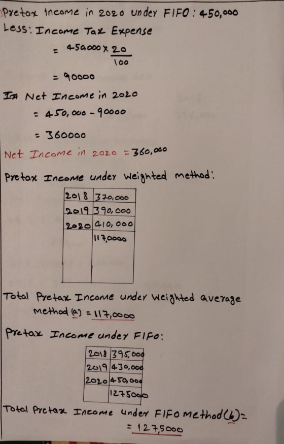 Pretax income in 2020 under FIFO : 450,000 Less: Income Tax Expense 4-50,000 x 20 100 - 90000 IA Net Income in 2020 = 450,000