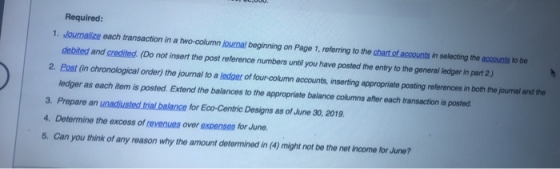 Required: 1. Journalize each transaction in a two-column journal beginning on Page 1, referring to the chart of accounts in s