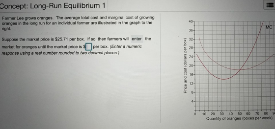 Concept: Long-Run Equilibrium 1 Farmer Lee grows oranges. The average total cost and marginal cost of growing oranges in the long run for an individual farmer are illustrated in the graph to the right MCT Suppose the market price is $25.71 per box. If so, then farmers will enter the market for oranges until the market price is $ per box. (Enter a numeric response using a real number rounded to two decimal places.) x32- o 28 2 24 12 4 0 10 20 30 40 50 60 70 80 9r Quantity of oranges (boxes per week)