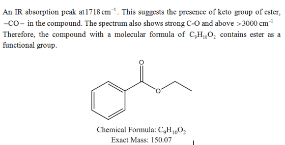 An IR absorption peak at 1718 cm-?. This suggests the presence of keto group of ester, -Co- in the compound. The spectrum als