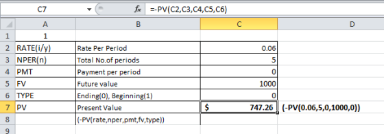 fx --PV(C2,C3,C4, C5, C6) B 1 0.06 2 RATE(i/y) | 3 NPER(n) 4 PMT 5 FV 6 TYPE 7 PV Rate Per Period Total No.of periods Payment