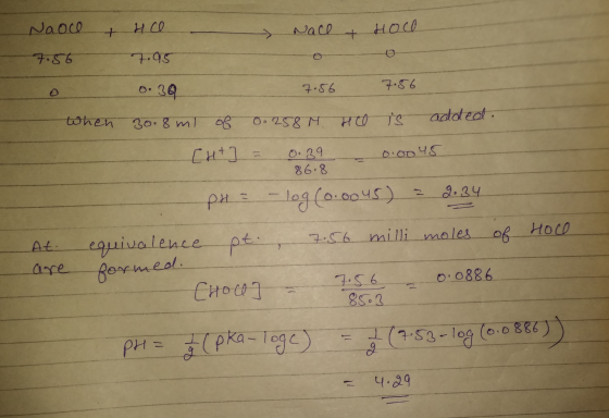 Naoce HCO Nace но () + 7.56 7.95 0.30 7.56 7.56 added. when 30.8 ml of 0. 258 HCO is [H+ 0.00 45 0.39 86.8 PH - log (0.0045)