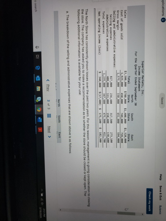 pplications 0 Saved Help Save & Exit Submit Check my work East Store $1,320,000 Superior Markets, Inc. Income Statement For t