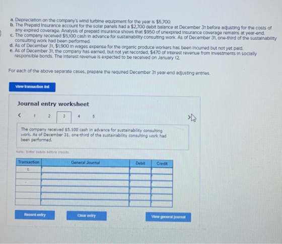 a. Depreciation on the companys wind turbine equipment for the year is $5.700. b. The Prepaid Insurance account for the sola