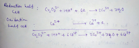 660 2 - +1441 +66 Reduction half: cell Oxidation 267 +7420 half cell : co2+ Oxy (3+te. Cr2O72- + 14H+ +6eoht 26 3 + + 740+603