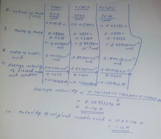 Trial-1 Trial-2 Trial-3 6 volume of NaOHL 33.8 o volume of Noon 338 1000 33.69 3 .25 7000 1000 = 0.0338 L =0.03369LL = 0.0337