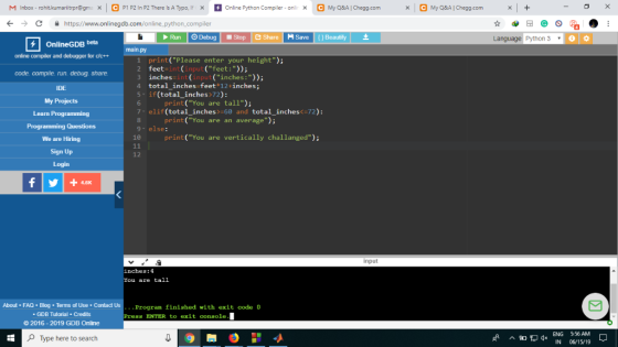 C My Q&AI Chegg.com C My Q&A I Chegg.com C P1 P2 In P2 There Is A Typo, I x Online Python Compiler - onlin X M Inbox-rohit.ku