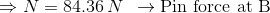 \Rightarrow N=84.36\,N\, \, \,\rightarrow \textrm{Pin force at B}
