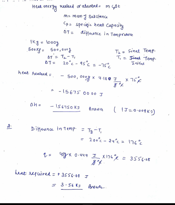. . . . . . . . Heat energy realsed or absorbed = m Sot ma man y Substance Co= specific heat capacity OT: diference in Temp