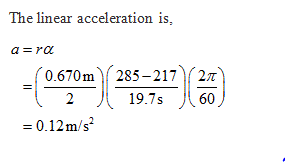 The linear acceleration is, (0.670m)( =|- ): 285-217)/2π 人60 19.7s , = 0.12m/s