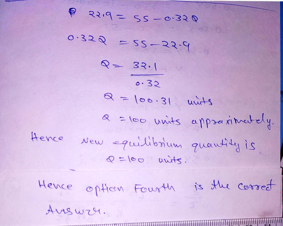 22.9 = ss - 0.320 0-32Q = 55-22.9 Q = 32.1 0.32 Q=100.31 mits Q = 100 units appaaxitmately. New equilibrium quantity is Q = 1