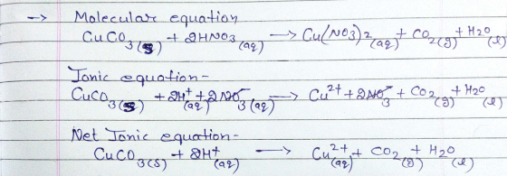 Molecular equation Cu Gozle) + 2HNO3(aq) > Cu(NO3)2(ast Clz9+ H2020 Ionic equation- Cucazis + due to the 105 ) => Cu2+ + 2No.