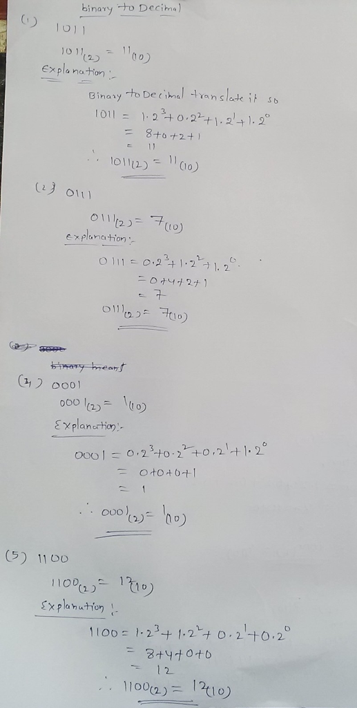 binaryto Decima) Ci 0)1 01 Expla na tior) Binay 011 olla,^ 구(19) 1 O001 2. (5) 11 00 1100 )-23ナ1-2, 0,2+0.20 001210