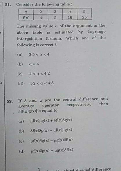 51. Consider the following table : X f(x) 2 4 3 5 5 25 16 The missing value a of the arguinent in the above table is estimate