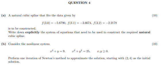 QUESTION 4 (a) A natural cubic spline that fits the data given by (10) f(3.0) = -5.6790, f(3.1) = -3.6674, f(3.2) = -2.2178 i