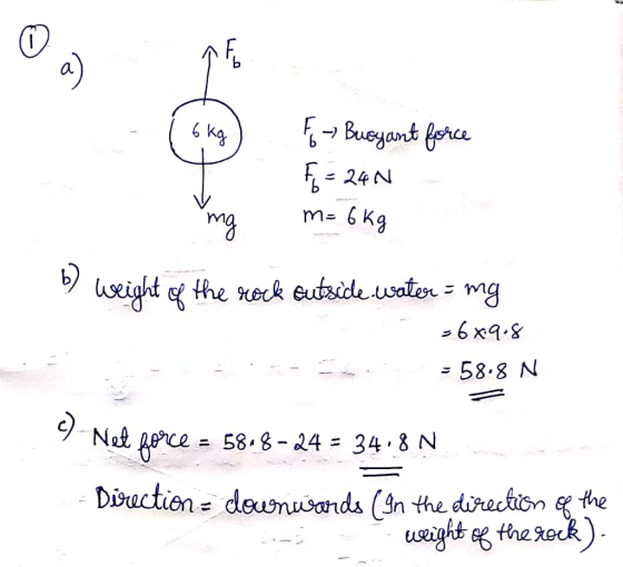 For Buoyant force F = 24N m= 6 kg m b) weight of the rock outside water = mg -6x9.8 - - 58.8 N e) Net force = 5818-24 = 34.8