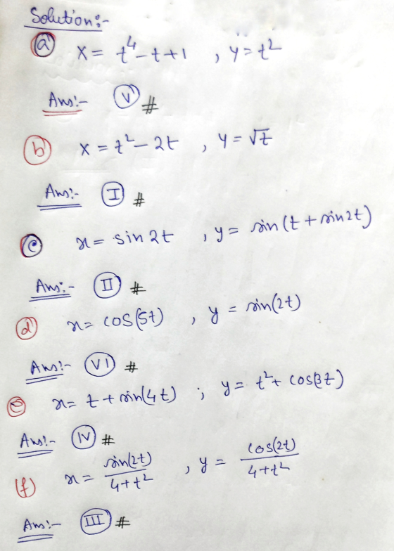 Solution: @ X= t_t+1 y = 42 ) Ans:- # h x=2²_2t , Y = VE Ans? I # © i= sinat , y= sin (t + sin2t) Ans:- 11 # no cos(st) y = s