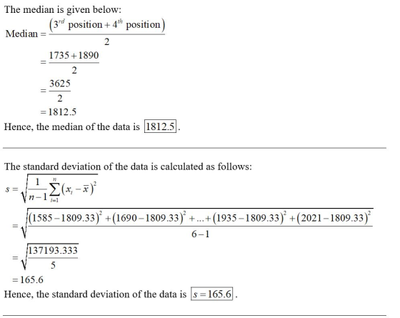 The median is given below: Medion 3 position +4h position) 2 1735+1890 2 3625 2 = 1812.5 Hence, the median of the data is 181