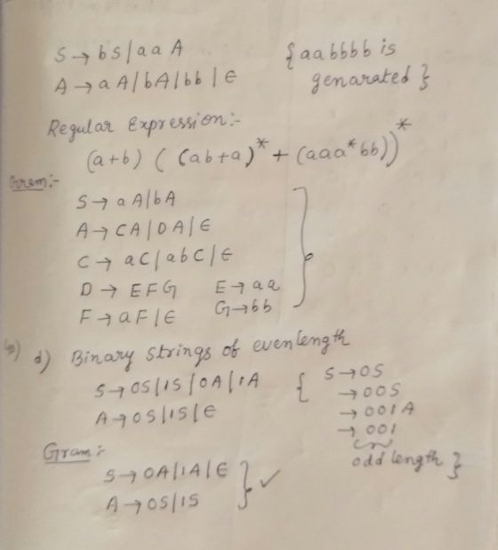 Reglar expr ession (a+b) ( Cabra)+ (aao bb) A-7 CA İDAİE d) Binary strings of euen wing →001A odd length
