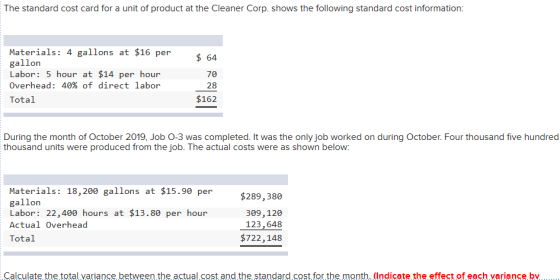 The standard cost card for a unit of product at the Cleaner Corp. shows the following standard cost information: $64 Material