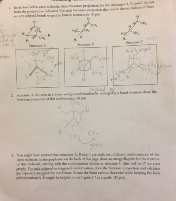 In the box below each molecule, draw Newman projections for the structures A, B, and C shown from the perspective indicated.