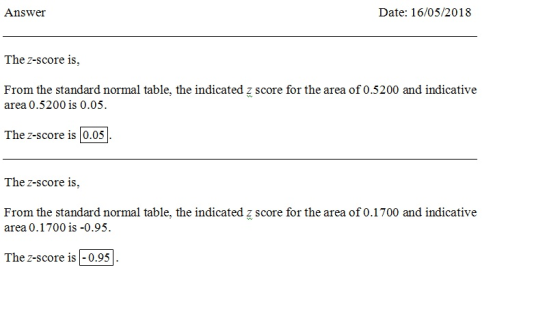 Answer Date: 16/05/2018 The z-score is, From the standard normal table, the indicated z score for the area of 0.5200 and indi
