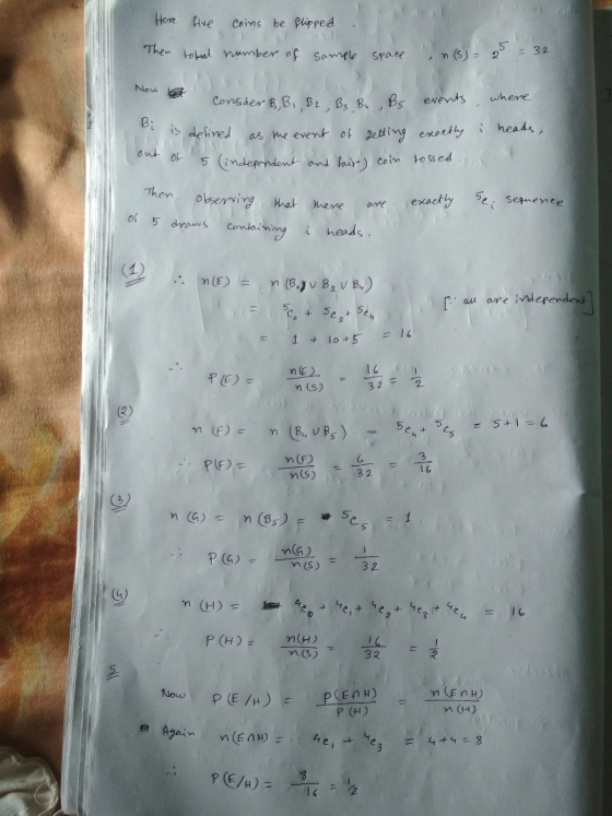 Here five coins be slipped Them tokal number of sample (5) = 5 - 32 space Now where Bi is defined Consider B, B1, B2, B3, B4,