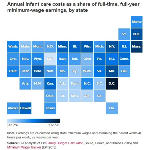 Annual infant care costs as a share of full-time, full-year minimum wage earnings, by state Maine Vt. N.H. Wash. Idaho Mont.