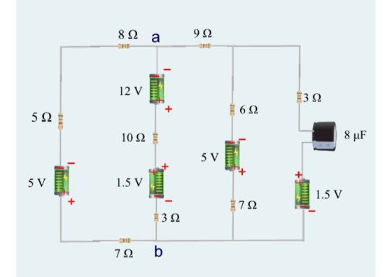 8 Ω a 9 Ω 12 V 3 Ω Ε 6 Ω 5 Ω 10 ΩΣ 8 μF 5V 5 V 1.5V 1.5V + Ε 7Ω 3 Ω 7 Ω b