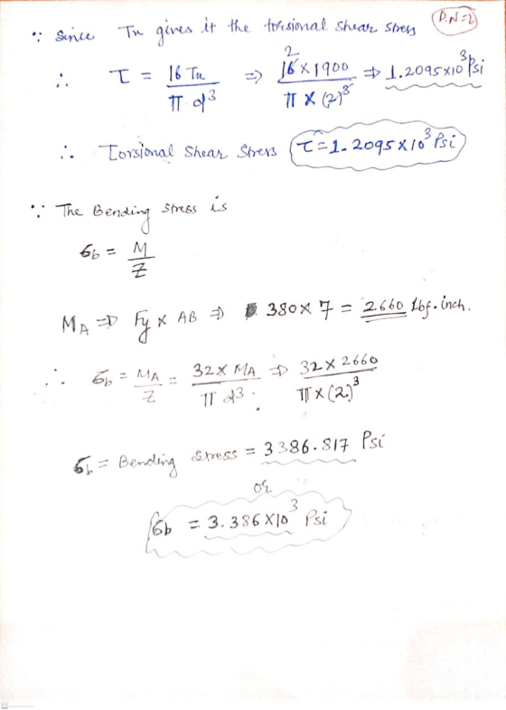 it the torsional shear stress P.N=2) • Since Th gives 2 16x1900 1.2095X10 opsi T = :. 16 The T 3 1 X (273 : Torsional Shear S