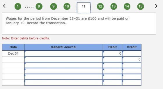 < O ..... O O O @ ® ® > Wages for the period from December 23-31 are $100 and will be paid on January 15. Record the transact