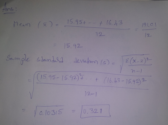 Ano: Mean (*)= 15.95+--+ 16.43 191.01 12 12 15.92 Sample standard deviation (s) {(x-x) 2 n-) (15.95-15.92) + (16.43 15.92) 2