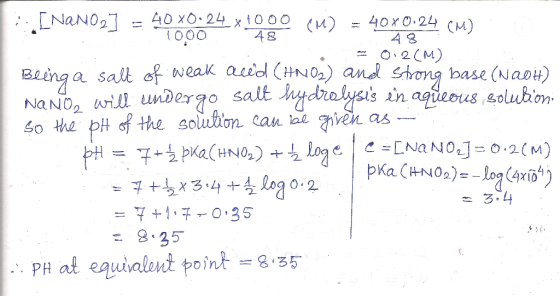 INaNO2 40 X0.24x i000 48 40x0.24 (M) (u) O.2(M) Biing a salk of weak acddl (No2) and stong base (Navt) salt hydralysis in agi
