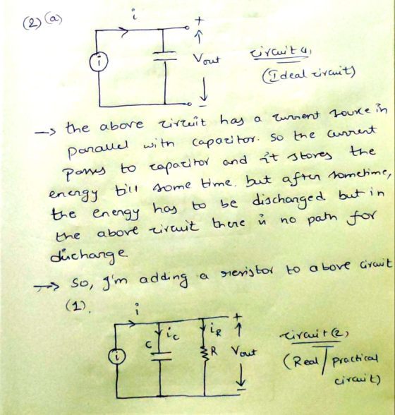 (2) (a) tr> Cuita, Ideal circuit) as the above zircuit has a current source in parallel with capacitor. so the current pones