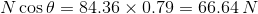 N\cos \theta =84.36 \times 0.79=66.64\,N