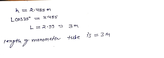 h=2.455 m 2.455 LCOS 35° L = 2.999 3m tube is = 3M length of manometer