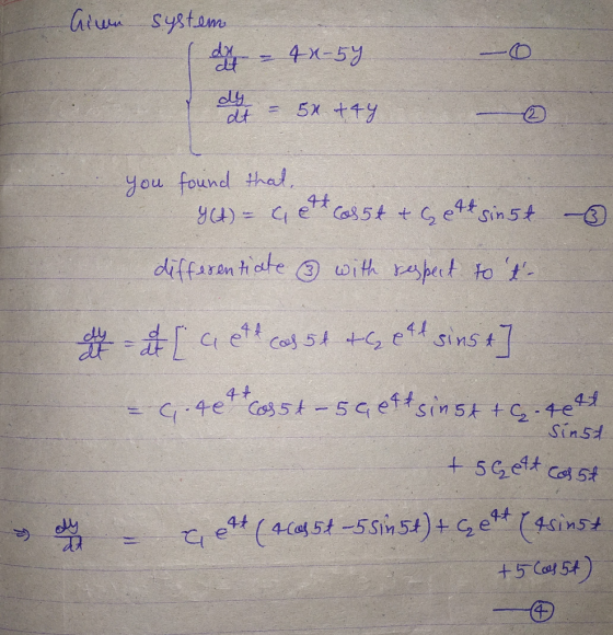 Aion system dy - 40-54 - O dy - 50 +44 - you found that, (t) = 4 6 1635t & Gettsinst differentiate & with respect to t- at (