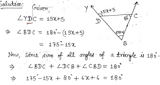 Solution! Guiven, 15x+5 С LYDC = 15%+5 86 D TA 637-6/ B BD C = 180 - (15 180-(1 5x+5) = 175 - 15% Now, since sum of all angle