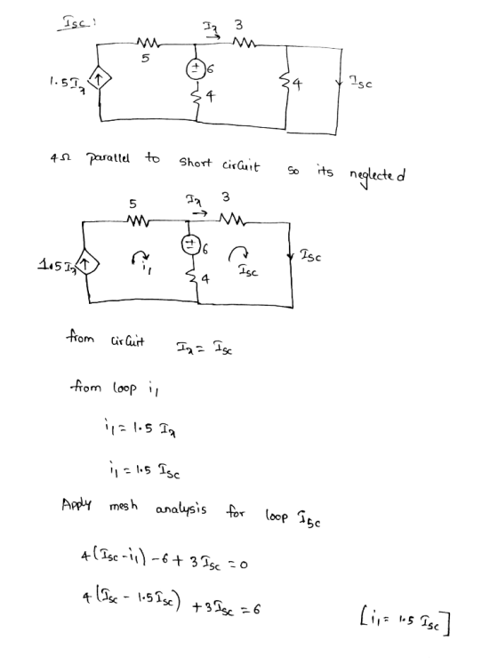 Isc.! Isc 1.5I, its neglecte d Short cirluit paratlel to So Isc 1151 from lir Cuit Iq= Isc from loop il i;=15 Isc mes h anal