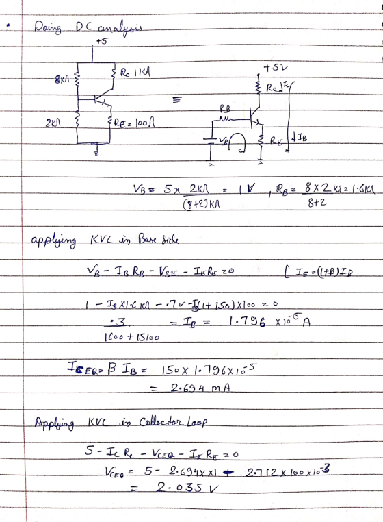 Doing DC analysis +5 +52 & Rella & Restel } {RE=lood IB VBz 5 x 211 (8+2) KI RB 2 8 x 2 11 2 1.610 8t2 applying KrL in Base s