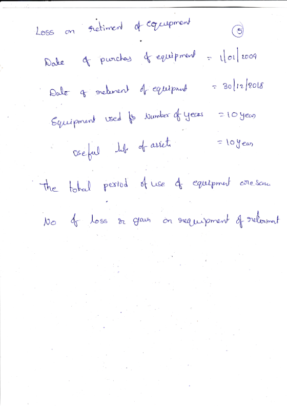 Loss on retiment of equipment Date of purchas of equipment = 1101/2009 Dale of relement of equipant : 30/12/2018 Equipment us