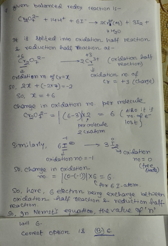 9 2- cro e so, 2x + given balanced redox reaction is- (8202 + 14H+ + GI - Secret (as) + 312+ 7 HgO It is splited into oxidati