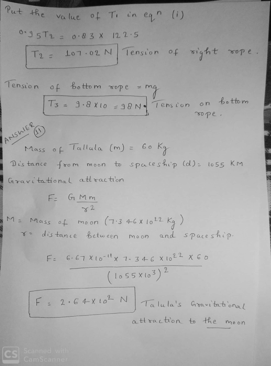 Put the value of Ti of Ti in eqn (i) 0.95Tq = 0.83 122.5 T2 = 107.02 N Tension of right rope Tension of bottom rope ing T3 =