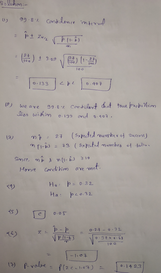 -solution:- 0 99.89 Condidence interval - BI Zur Þ Lib 2.)!30 0 3 (2) we are gg. 87. consident that toue probottion lies with