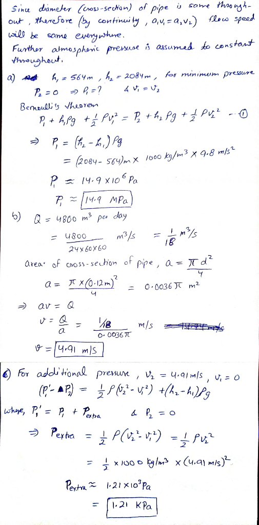 Since diameter (cross-section) of pipe is some through- out, therefore (by continuity, au, = 0,V2) flow speed will be same ev
