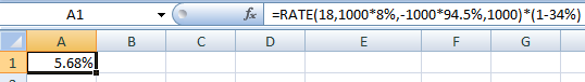 f =RATE(18,1000*8%,-1000*94.5%,1000)*(1-34%) D F G B C il 5.68%