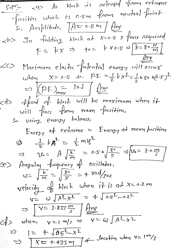 Solni 93 As TA= 40= N m L <C> Maxime num x=0.5 P.E. block is released from extreme position which is 0.5m from neutral point