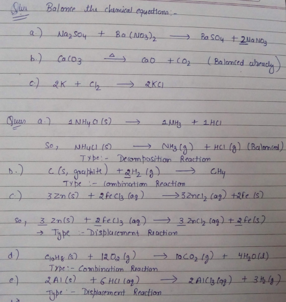 Slus Balonce the chemical equedions a.) Nassou + Ba(NO3)2 = b.) CaCO3 a cao + co2 c.) 2K + ch akci Ba sou + 2MG Nog (Balanced