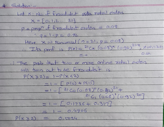 & Solution - Let X: No. of fraudulest Alts retail orders X = {0, 1,2.... 213 P = prope of fraudulest orders 9 = 1-p= 0.92 Her